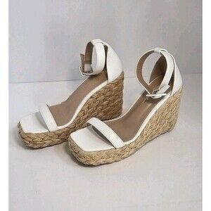 Lulu White High Heeled Espadrilles Shoes Summertime Open Toe Ankle Strap Sz 8